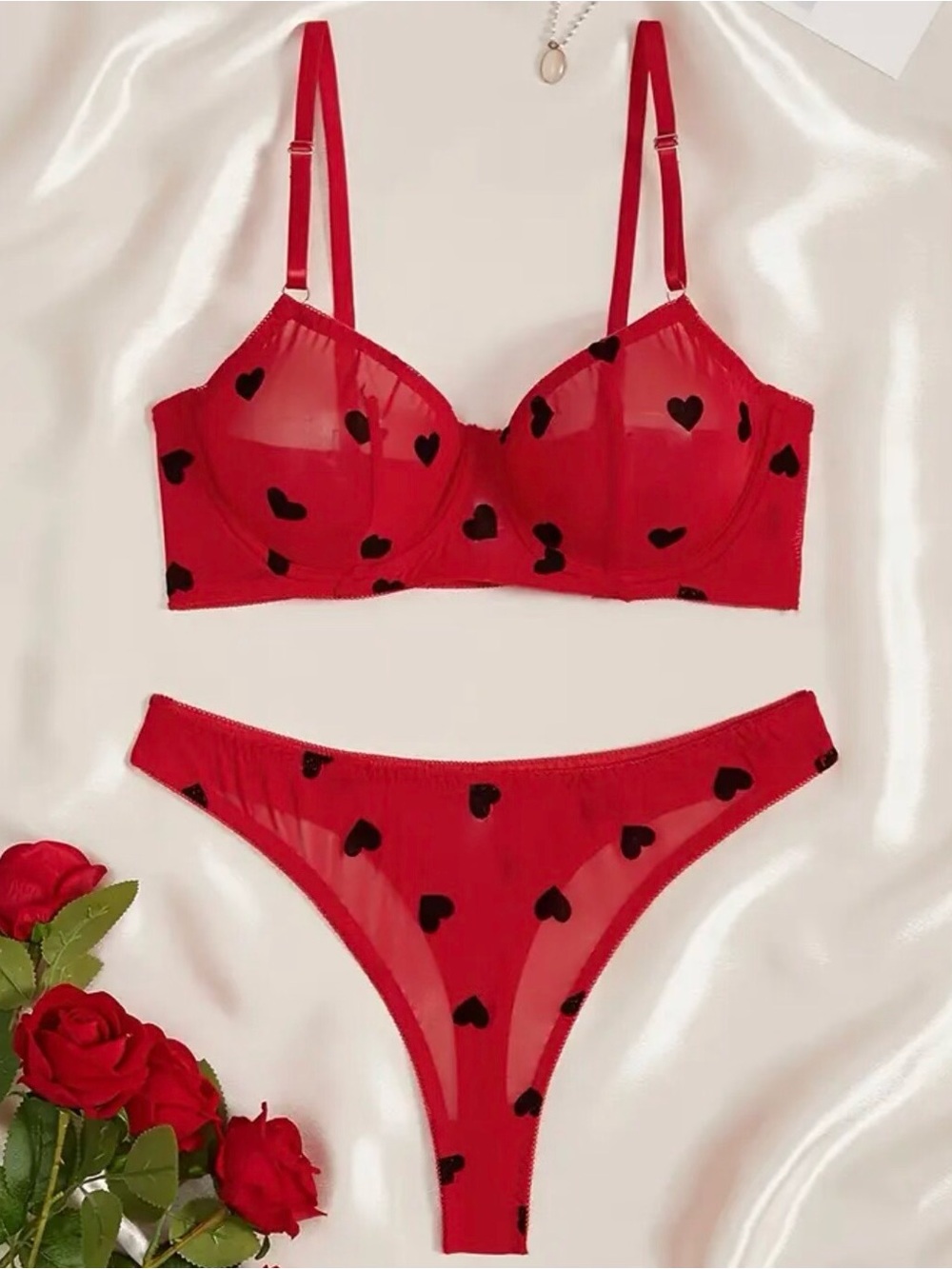 Red Heart Mesh Bra & Bikini Set - Women's Intimates